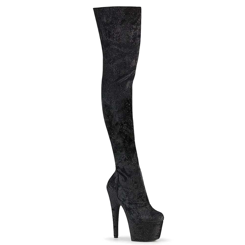 Pleaser Adore-3000WR – Black glitter thigh-high boots (heel 17.8 cm) - 1
