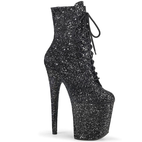 Pleaser Flamingo-1020 – Black Glitter Ankle Boots (20 cm Heel)