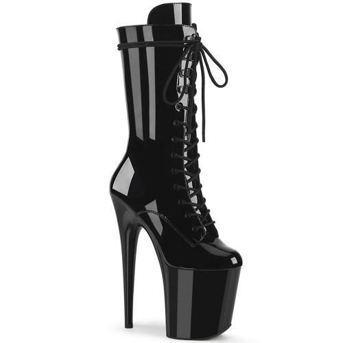 Pleaser Flamingo-1050 – Black atent Lace-Up High Boots (heel 20 cm)