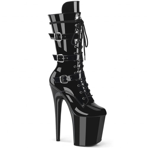 Pleaser Flamingo-1053 – Black Patent Booties with Buckles (heel 20 cm)