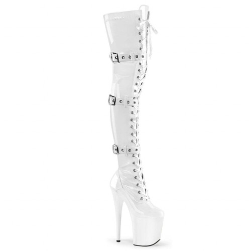 Pleaser Flamingo-3028 – White Patent Thigh-High Boots (heel 20 cm)