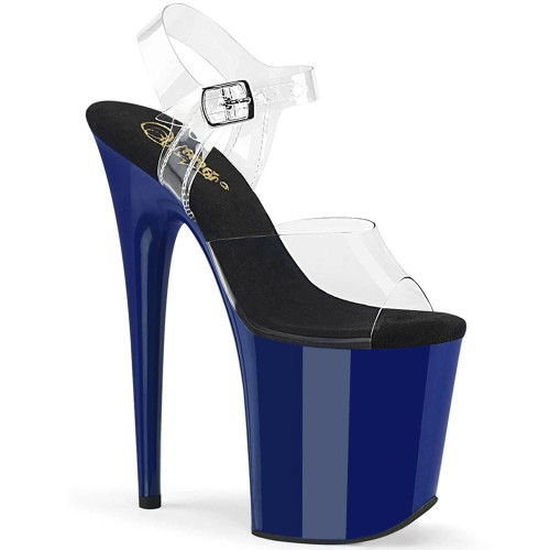 Pleaser Flamingo-808 – Clear/blue sandals with black insole (heel 20 cm)