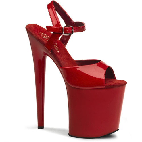 Pleaser Flamingo-809 – Red Ankle Strap Sandals with High Platform (20.3 cm Heel)