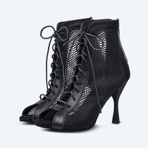 Amsterdam – Black Leather High Heel Booties with 3D mesh (heel 9 cm)