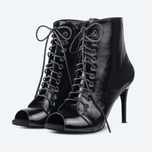 Glossy Goddess – Black Patent Leather High Heel Booties (heel 9 cm)
