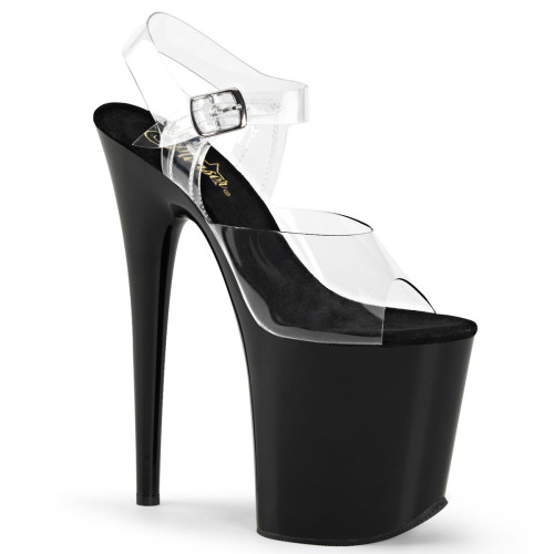 Pleaser Flamingo-808 - Clear/Black Ankle Strap Sandals with High Platform (20.3 cm Heel)