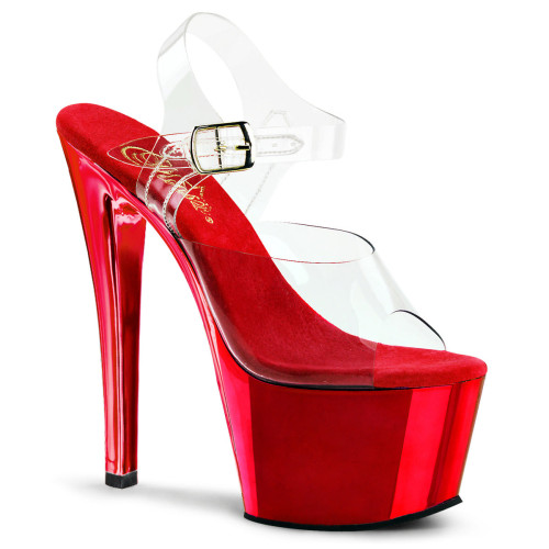 Pleaser Sky-308 - Clear/Red Ankle Strap Sandals (Heel 17.8 cm)