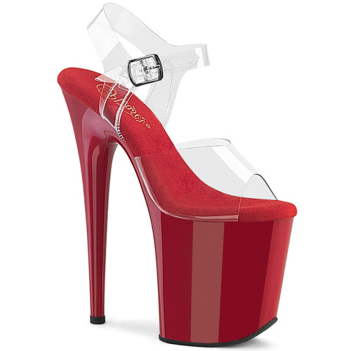 Pleaser Flamingo-808 - Clear/Red Ankle Strap Sandals with High Platform (20.3 cm Heel)