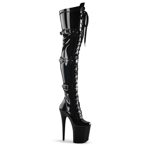 Pleaser Flamingo-3028 - Black Patent Leather Thigh High Boots (20 cm Heel)