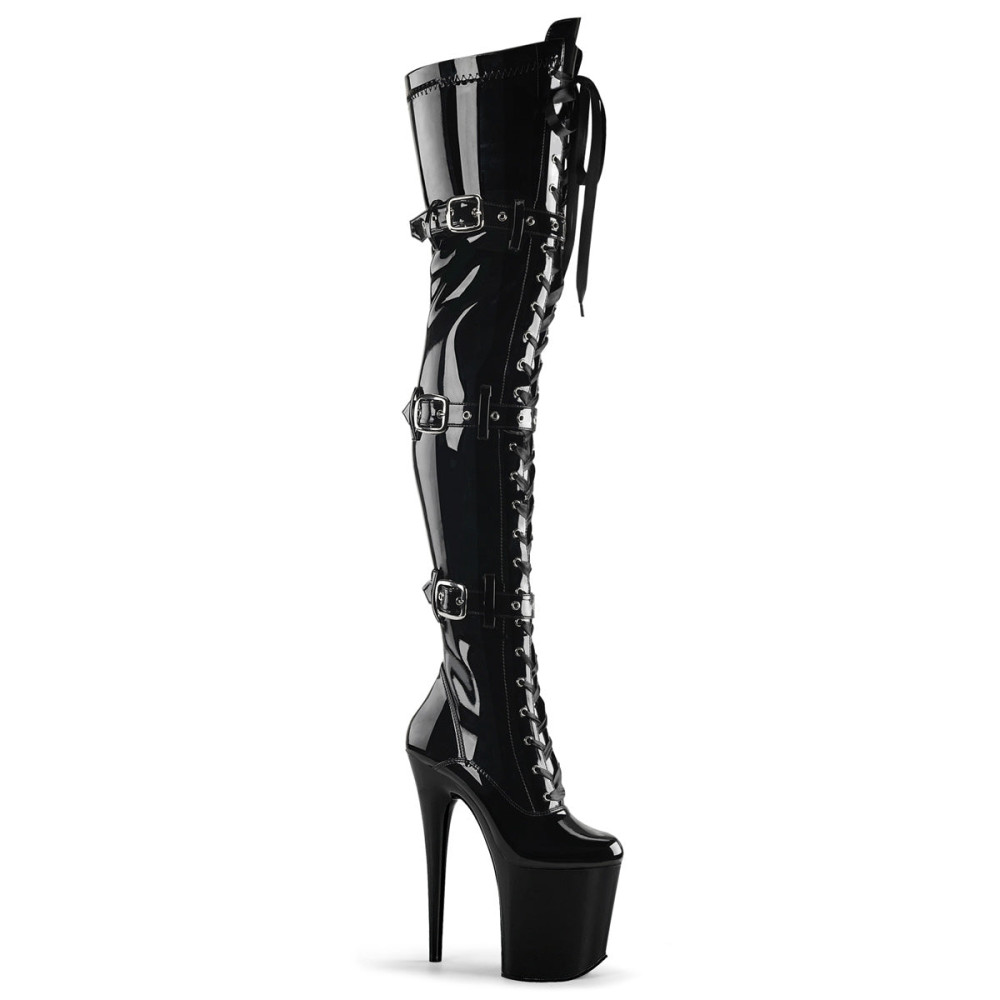 Pleaser Flamingo-3028 - Black Patent Leather Thigh High Boots (20 cm Heel) - 1