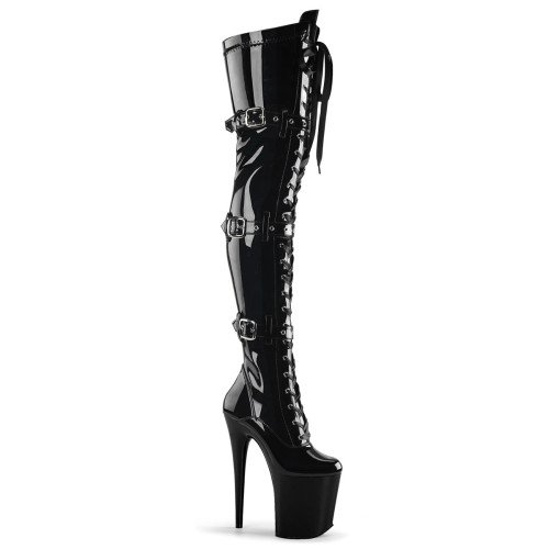 Pleaser Flamingo-3028 - Black Patent Leather Thigh High Boots (20 cm Heel)